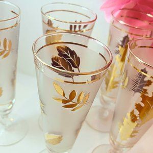 Vintage MCM Libbey 22K Gold Foliage Frosted Pilsner Glass